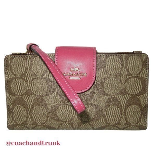 COACH Tech Phone Wallet Khaki and Strawberry Haze Wrist Strap NWT - Picture 9 of 9